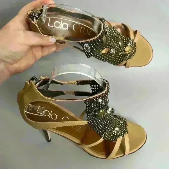 Lola Cruz Beaded Embellished Strappy High Heel Sandals Tan EU 39 - Picture 1 of 13